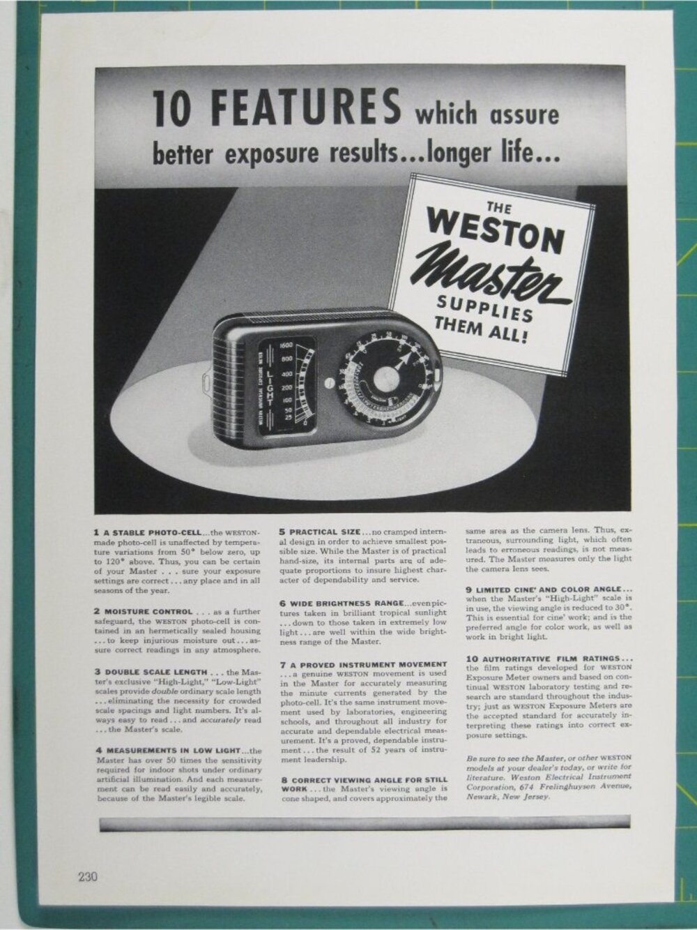 Print Ad 1950s Weston Master Light Meter Exposure Camera Photo Vintage 1941